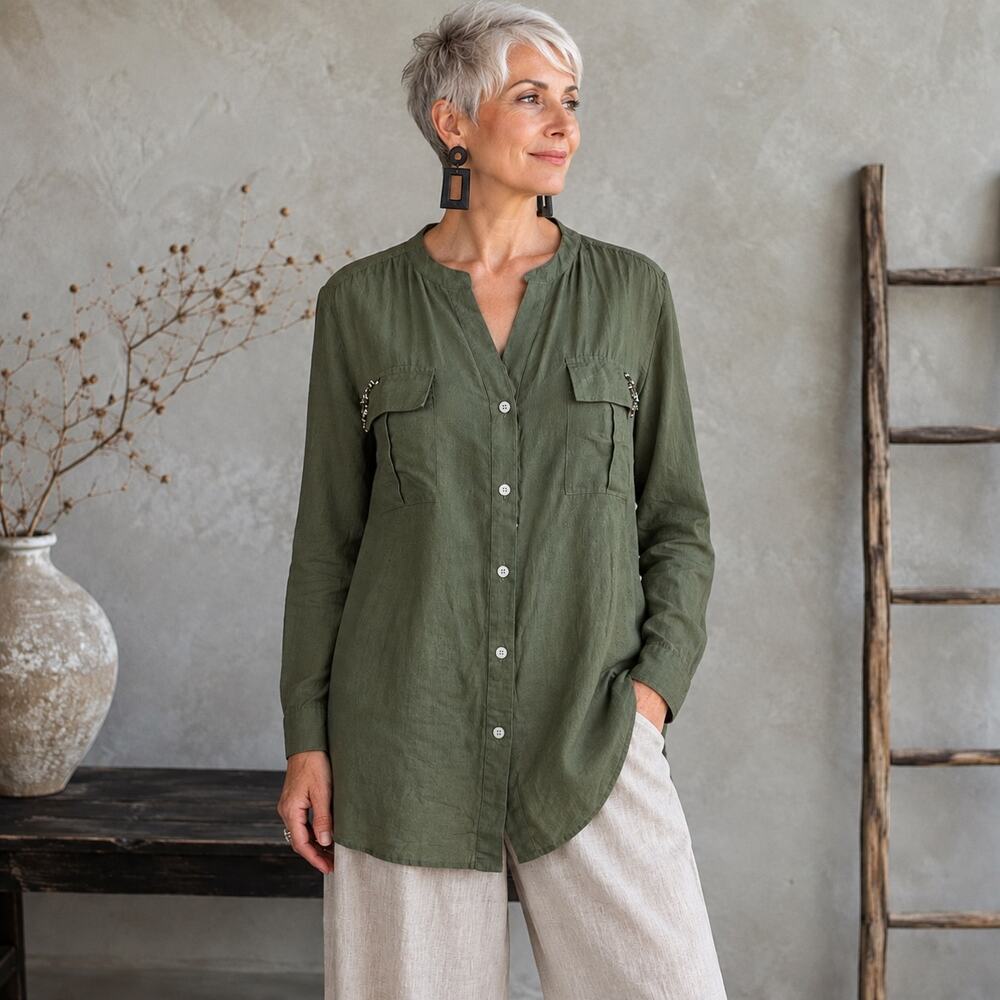 Chico's Olive Green Jewel Detail Cotton Silk Long Sleeve Top 2